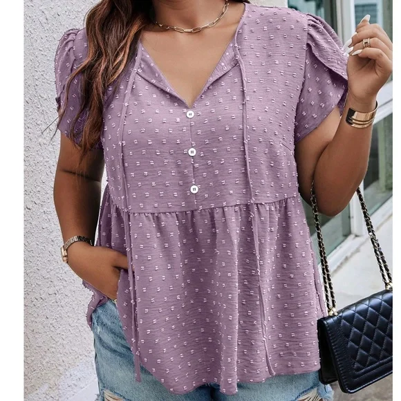 Plus Swiss Dot Button Neck Tie Puff Sleeve Blouse - Picture 6 of 6